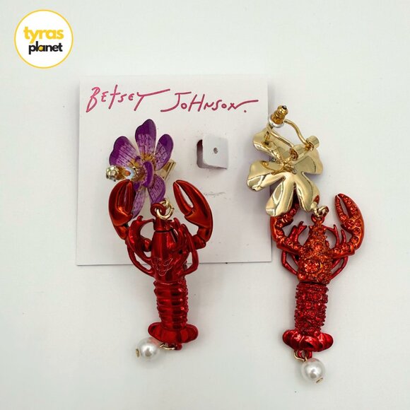 Betsey Johnson Orchid & Lobster Drop Earrings with Crystals and Pearls - Picture 2 of 2